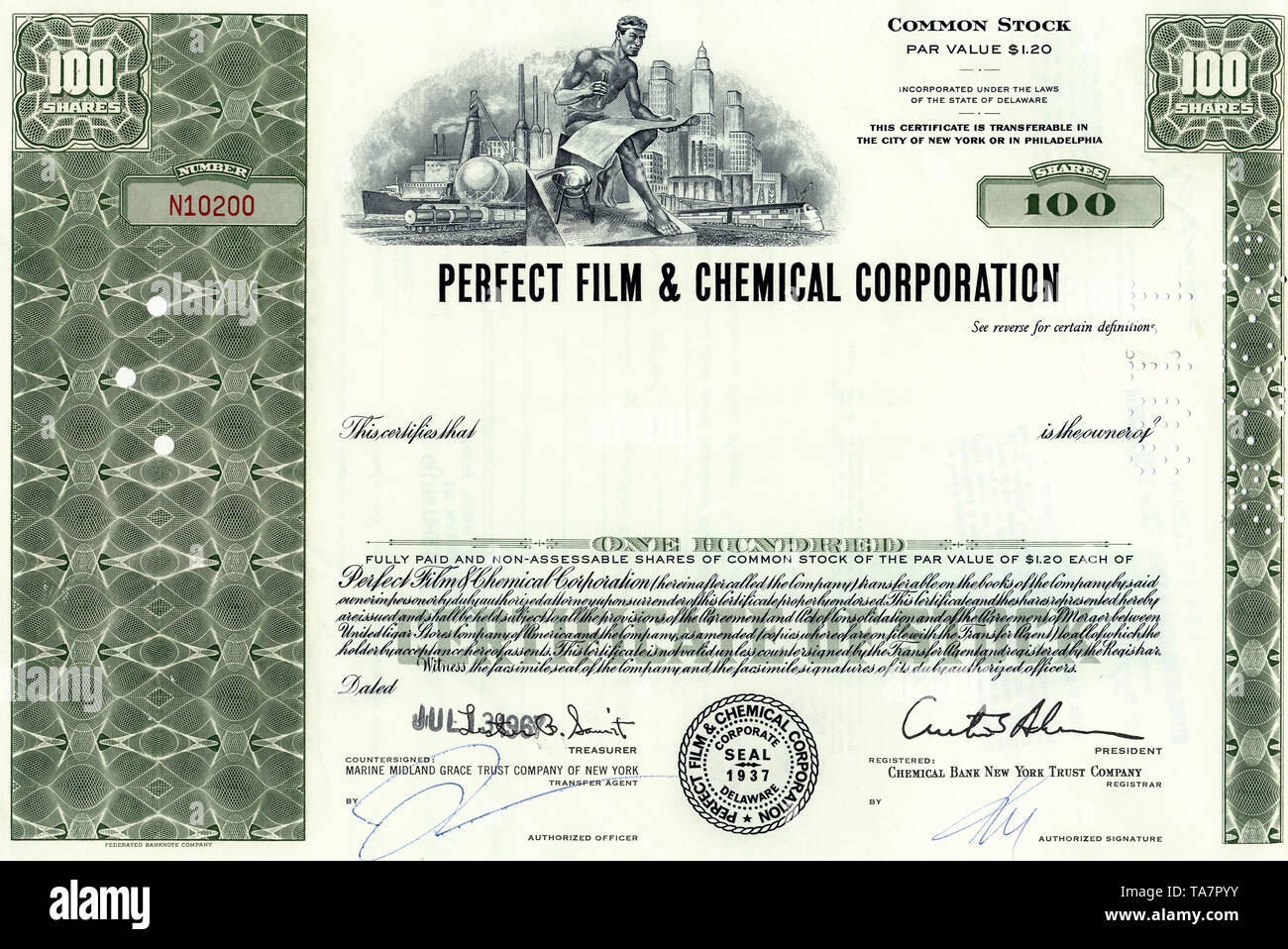 a historical stock certificate of a medical publishing house, a man with paraphernalia for chemistry in front of a factory and a city, Perfect Film and Chemical Corporation, Delaware, USA, 1967, Wertpapier, historische Aktie, Motiv: Ein Mann mit Chemie Utensilien vor ein Fabrik und Stadt,  Medizinischer Verlag, Perfect  Film & Chemical Corporation, 1967, Delaware, USA Stock Photo