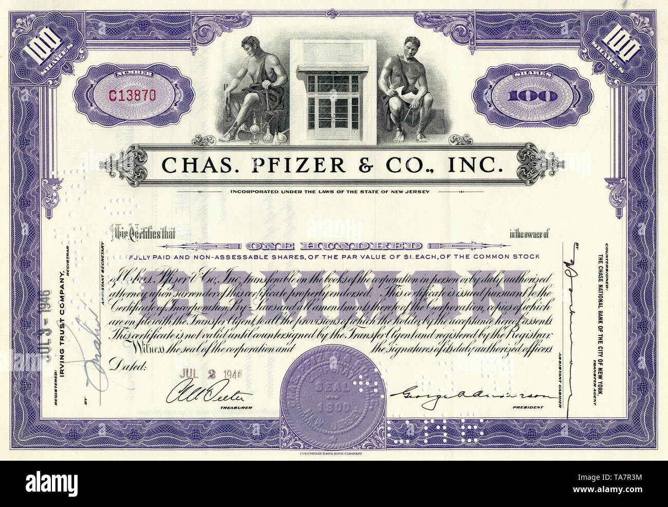 Historical stock certificate of a pharmaceutical company, Chas. Pfizer & Co., Inc., New Jersey, USA, 1946, Wertpapier, historische Aktie, Pharmakonzern, Chas. Pfizer & Co., Inc., 1946, New Jersey, USA Stock Photo