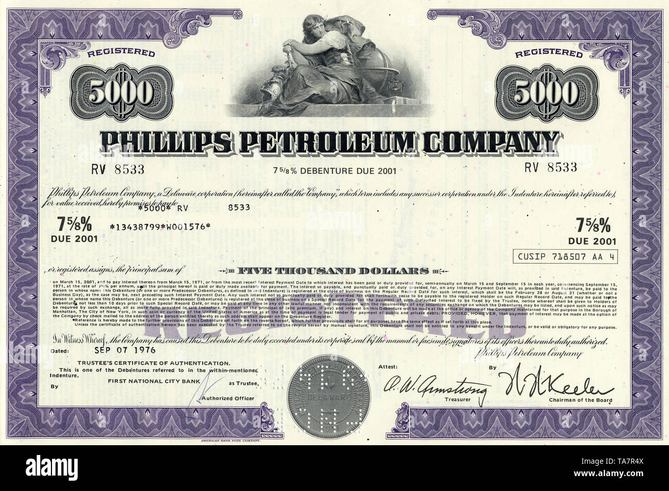 Historical stock certificate of an oil, gas and energy company, Phillips Petroleum Company, today part of ConocoPhillips, Oklahoma, USA, 1976, Wertpapier, historische Aktie, Mineralöl- und Erdgasunternehmen,  Energieunternehmen, Phillips Petroleum Company, 1976,  heute ein Teil von ConocoPhillips, Oklahoma, USA Stock Photo