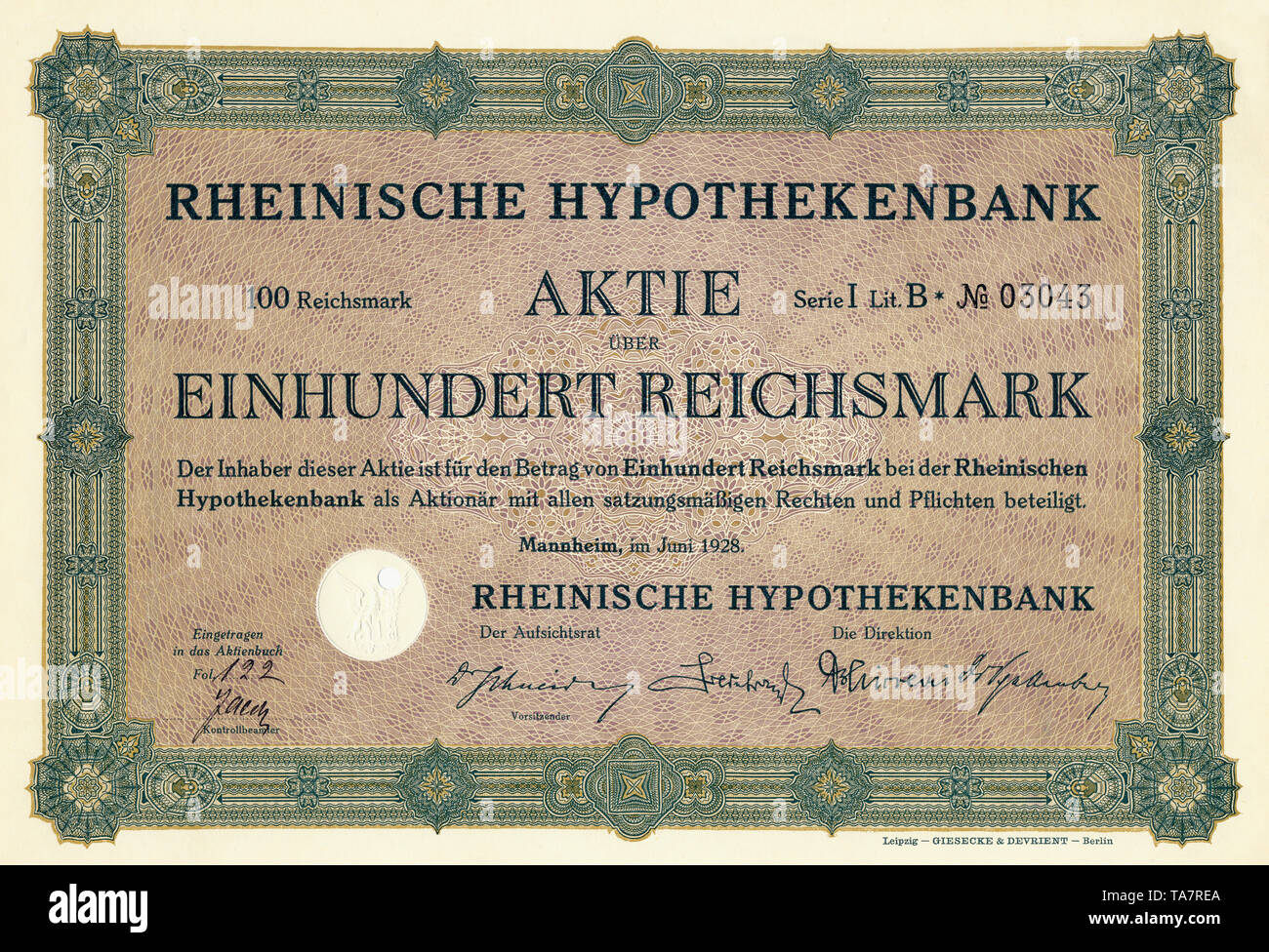 Historic stock certificate, Reichsmarks obligation, Germany, Historische Aktie über 100 Reichsmark, Rheinische Hypothekenbank, Mannheim, 1928, Deutschland, Europa Stock Photo