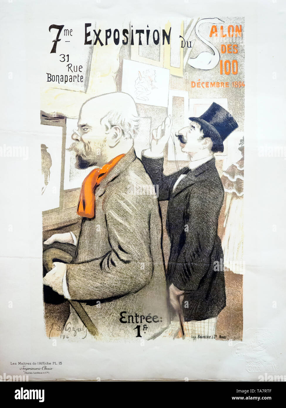 Frederic Auguste Cazals (1865-1941) Septieme Exposition du Salon de 100, 1894 Lithograph  This print shows Paul Verlaine and Jean Moreas viewing works at the seventh exihibition of the Salon des Cent. Stock Photo