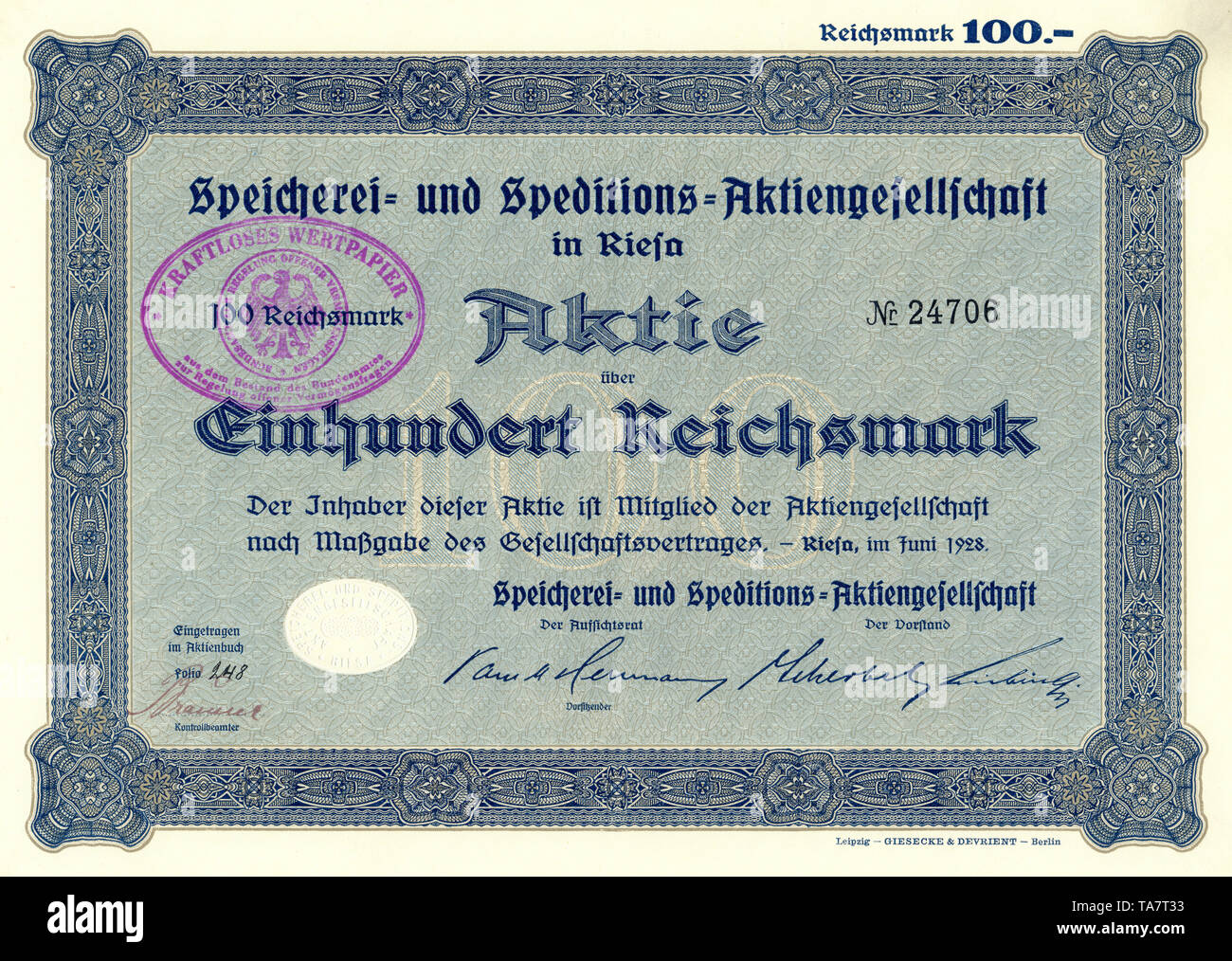 Historic stock certificate, Reichsmarks obligation, Germany, Historische Aktie über 100 Reichsmark, Speicherei- und Speditions-Aktiengesellschaft in Riesa, 1929, Deutschland, Europa Stock Photo
