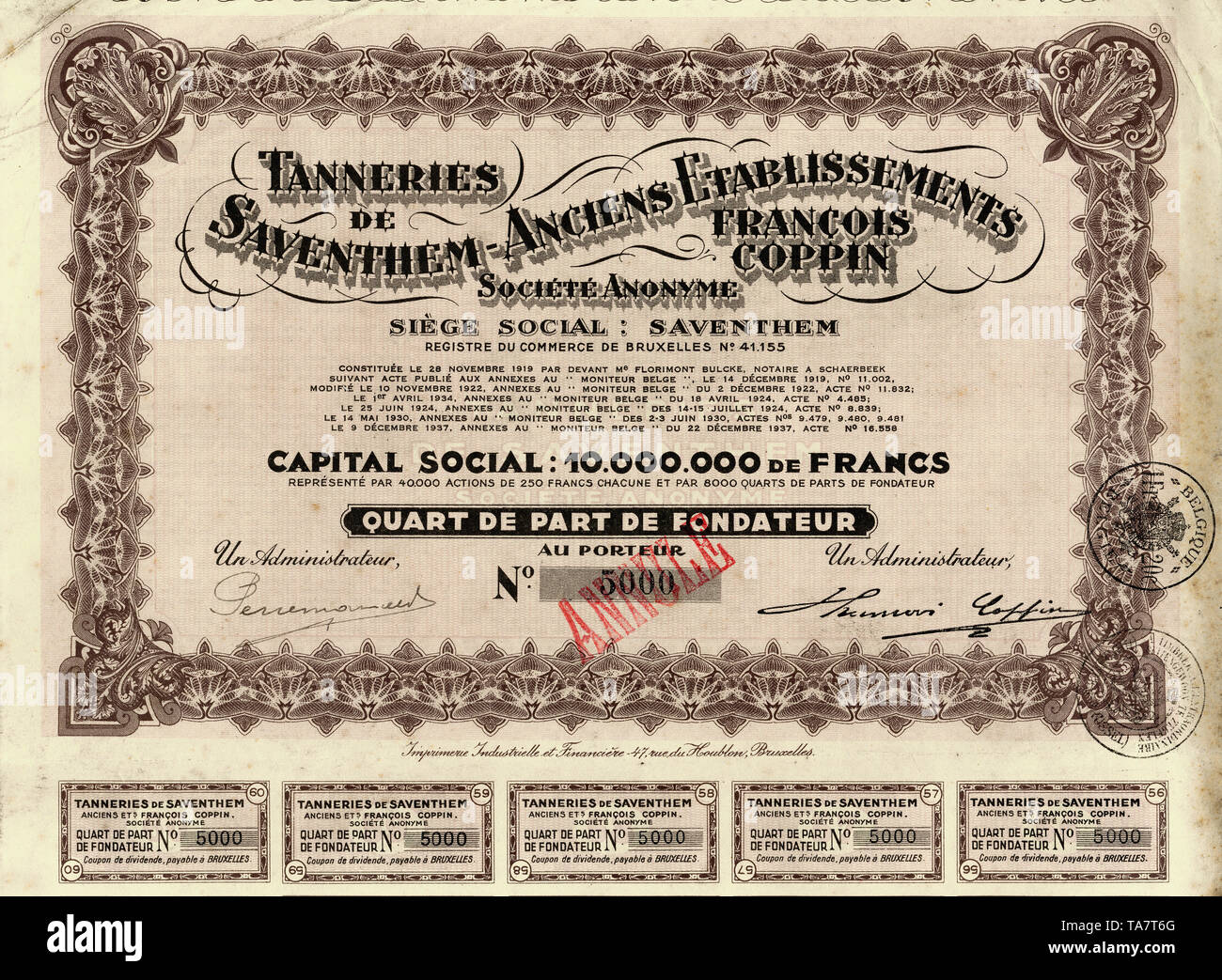 Historic stock certificate, Historische Aktie über 250 belgische Francs, Tanneries de Saventhem-Anciens Etablissement Francois Coppin, 1937, Brüssel, Belgien, Europa Stock Photo