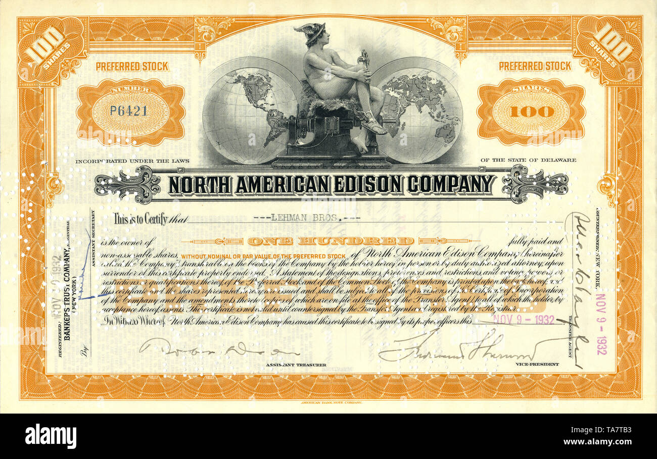 Historic stock certificate, North American Edison Company, issued to Lehman Brothers, 1932, Delaware, USA, Historisches Wertpapier, Aktie, North American Edison Company, ausgestellt auf Lehman Bros. Brothers, Delaware, USA Stock Photo