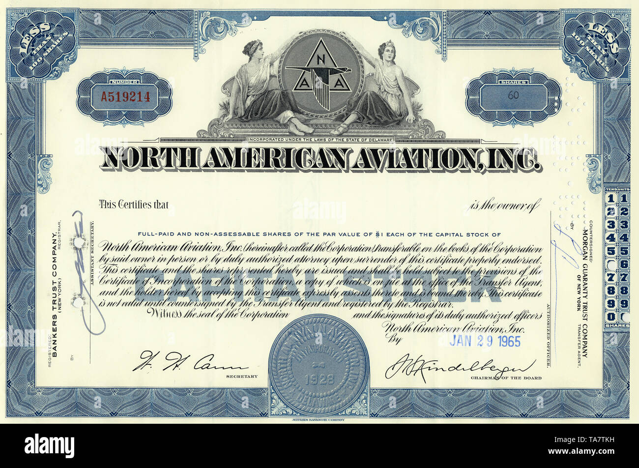 Historic share certificate, North American Aviation Inc., US-American aircraft manufacturer, today a part of Boeing, Delaware, 1965, USA, Historische Aktie, North American Aviation Inc., US-amerikanischer Flugzeughersteller, heute ein Teil von Boeing, Delaware, 1965, USA Stock Photo