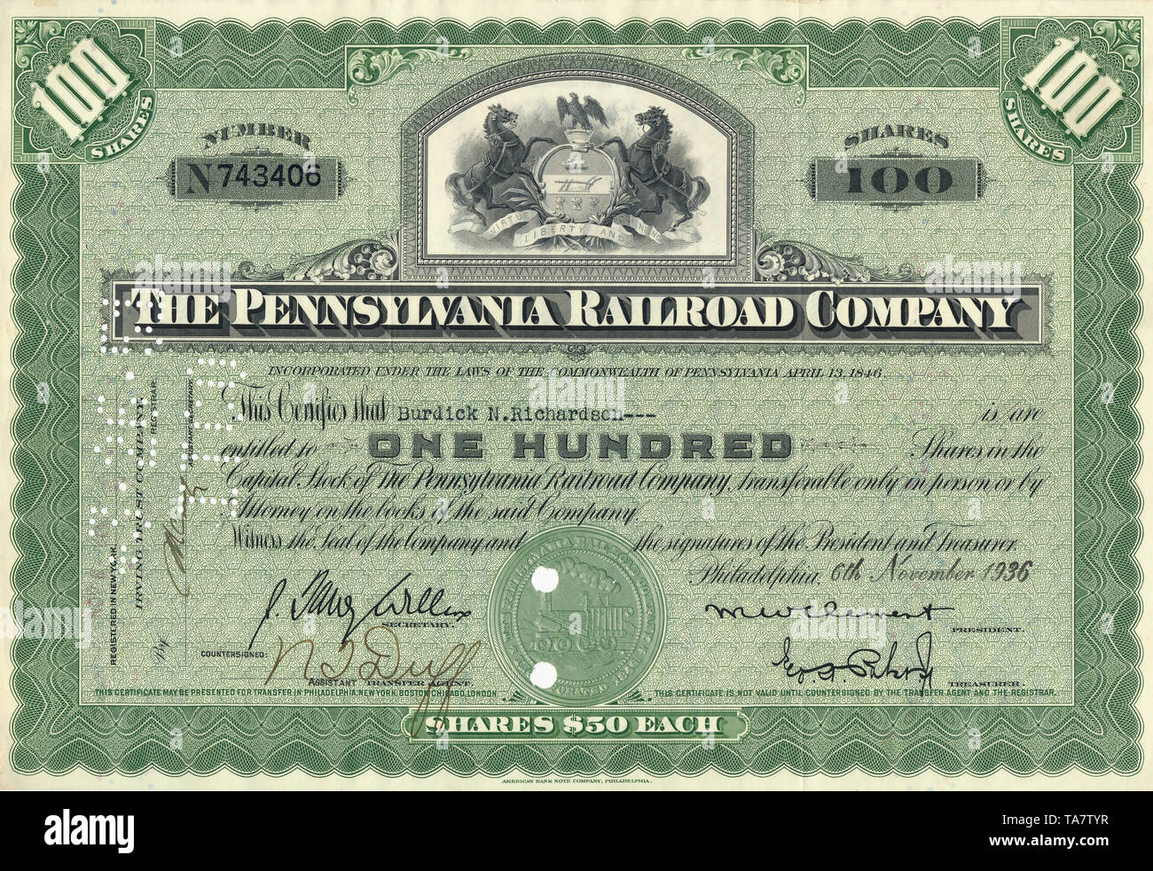 Historic share certificate, Historische Aktie, The Pennsylvana Railroad Company PRR, US-amerikanische Eisenbahngesellschaft, Philadelphia, 1936, USA Stock Photo
