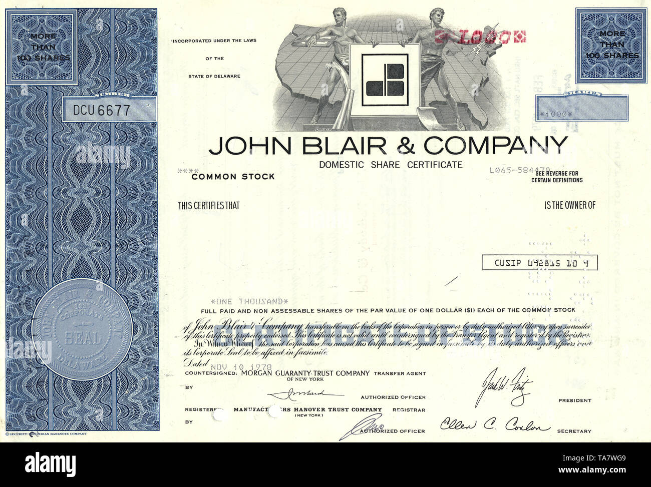 Historische Aktie, Fernsehstationen, Post, John Blair & Company, 1978, Delaware, USA, Historical stock certificate, television stations, post office Stock Photo