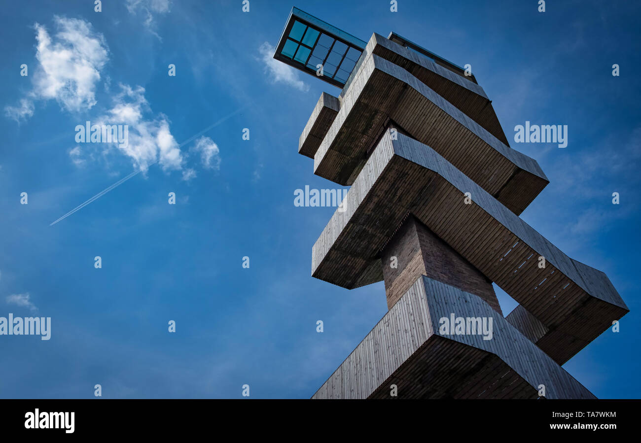 Lookout platform on a watchtower against blue sky at the three border ...