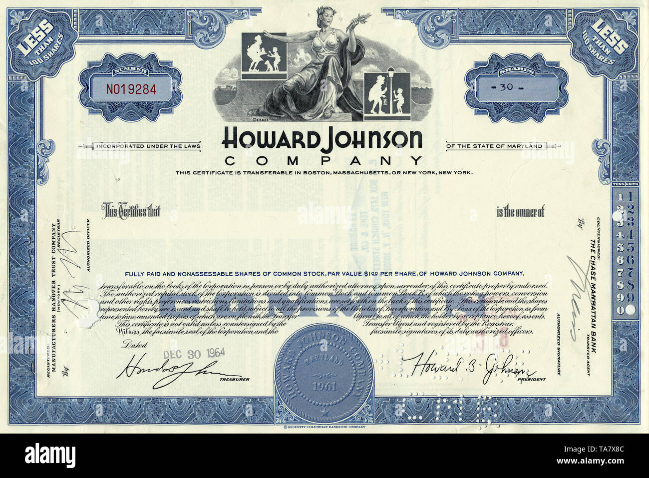 Historische Aktie, Restaurant- und Hotelkette, Howard Johnson Company, 1964, Maryland, USA, Historical stock certificate, restaurant and hotel chain, Howard Johnson Company, 1964, Maryland, USA Stock Photo