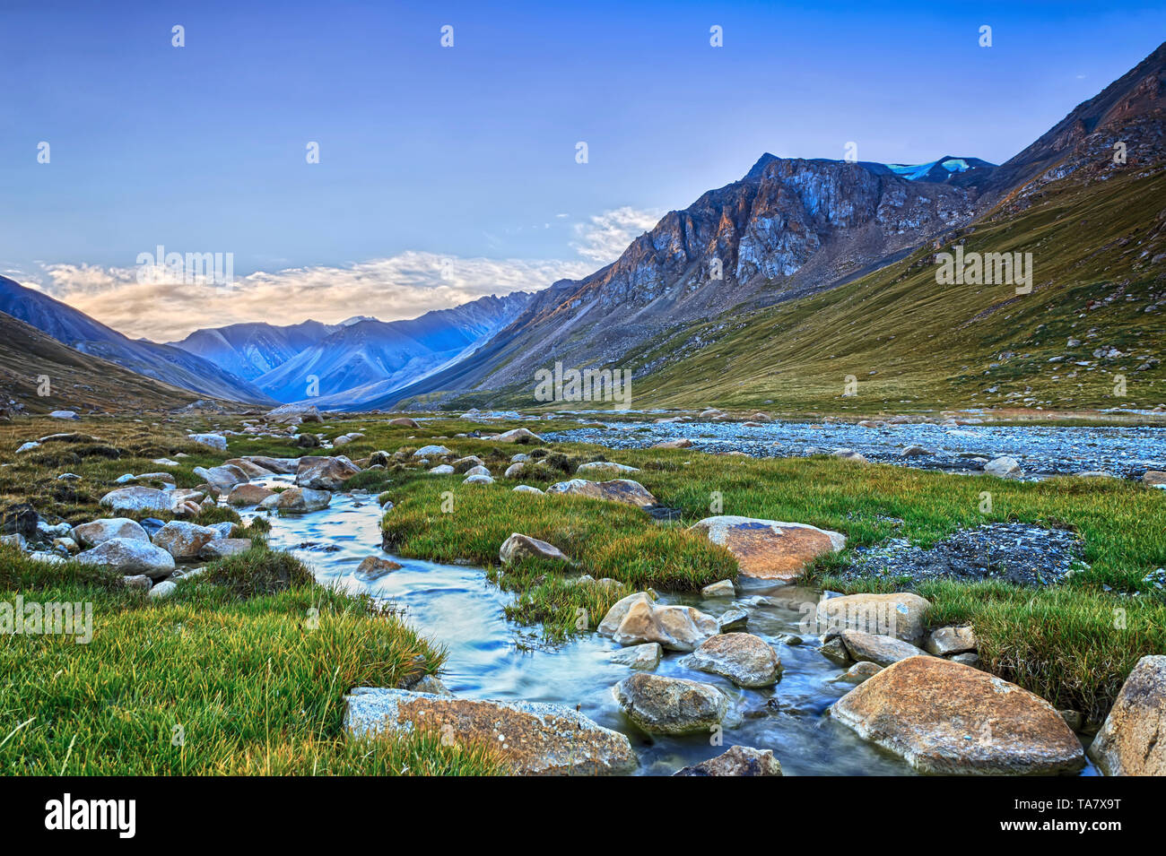 Mountain landscapes of Kyrgyzstan. Burkan River Valley. Stock Photo