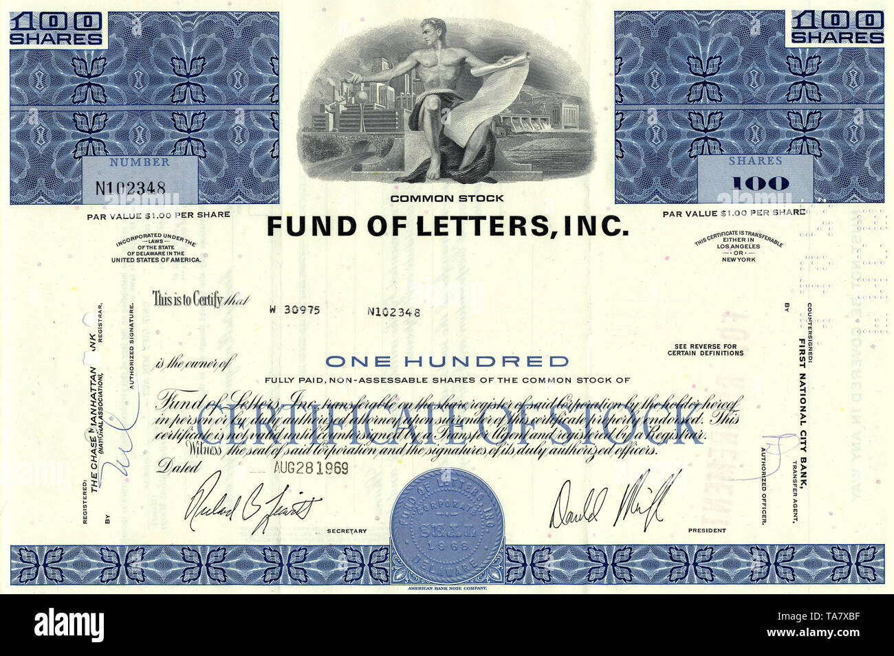 Historische Aktie, Branche Banken und Finanzen, Fund of letters Inc., 1969, Los Angeles, Kalifornien, USA; Historical stock certificate, banking and finance sector, Fund of Letters, Inc., 1969, Los Angeles, California, USA Stock Photo