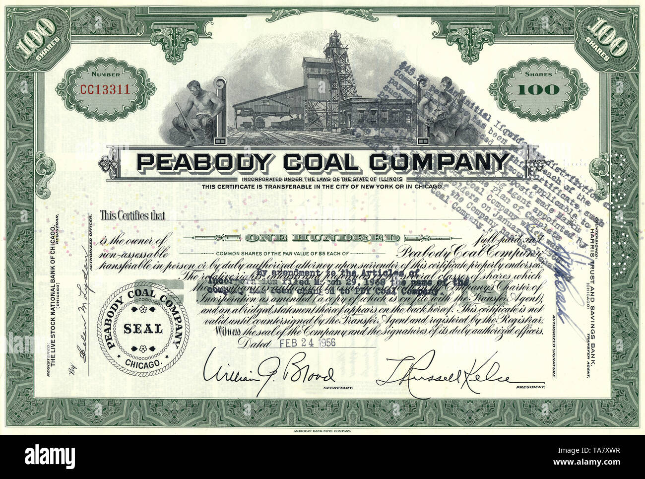 Historische Aktie, Peabody Coal Company, 1956, New York, heute Peabody Energy, das größte US-amerikanische Bergbauunternehmen in der Steinkohleförderung, St. Louis, Missouri, USA, Historical stock certificate, Peabody Coal Company, 1956, New York, now Peabody Energy, the largest U.S. mining company in the coal mining industry, St. Louis, Missouri, USA Stock Photo