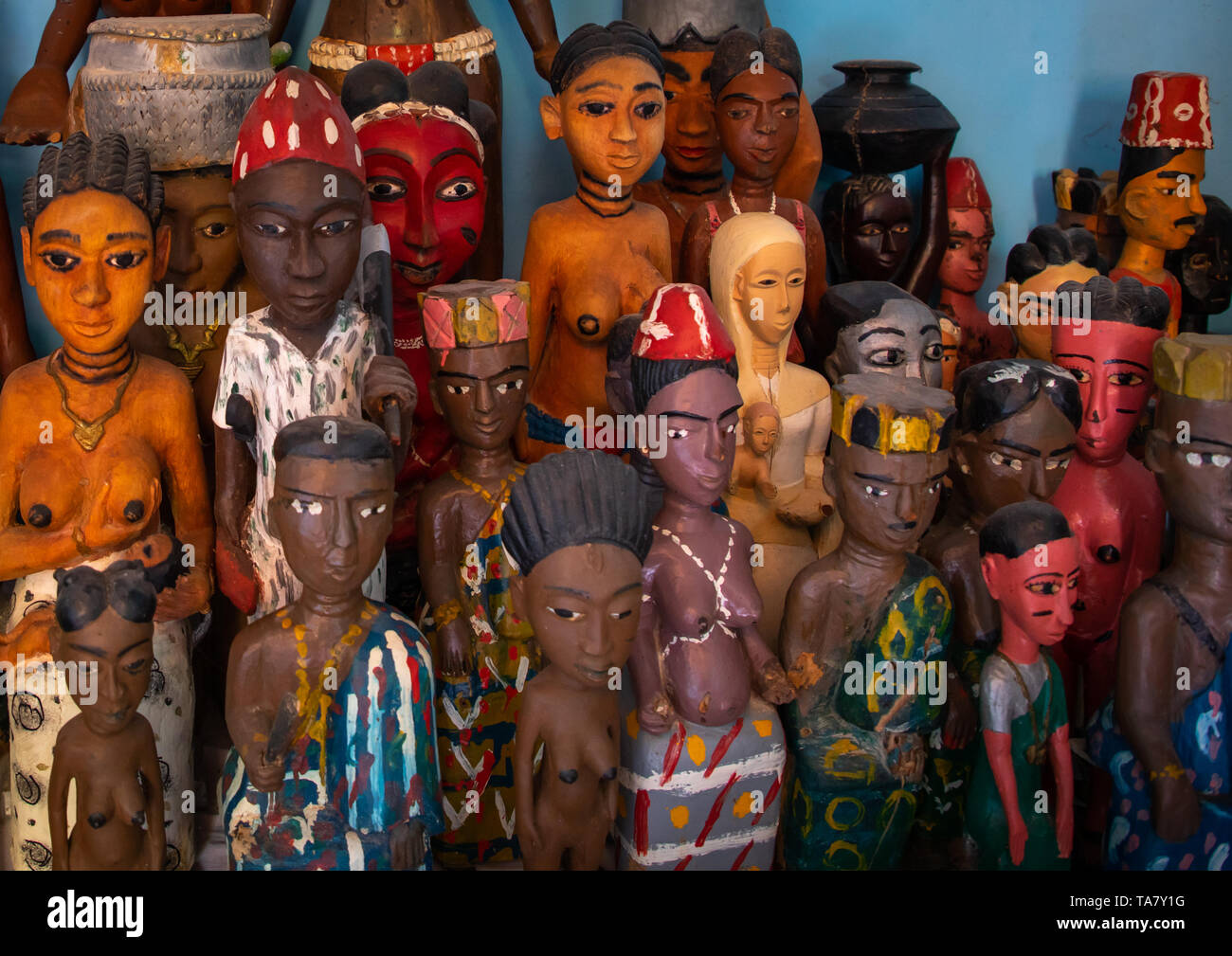 Komians sacred statues in Adjoua Messouma Komians initiation centre, Moyen-Comoé, Aniassue, Ivory Coast Stock Photo