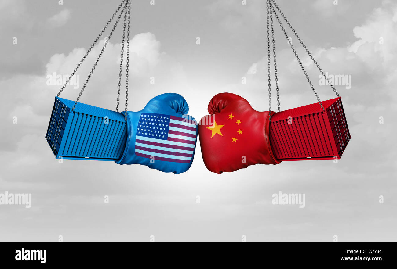 China US or United States trade and American tariffs conflict with two opposing trading partners as an economic import and exports dispute concept. Stock Photo