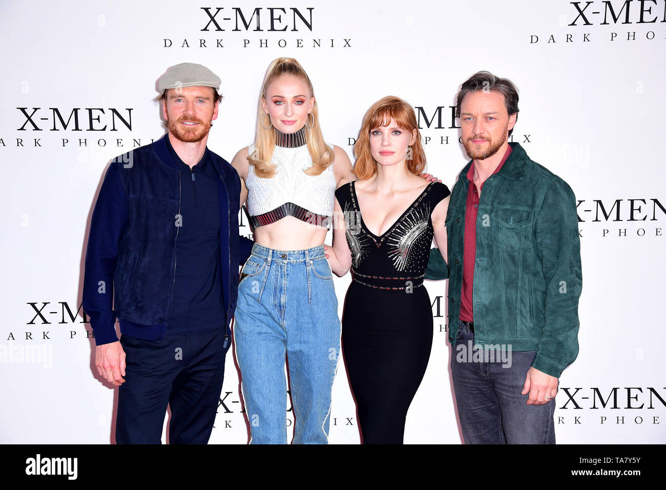 Michael Fassbender (left to right), Sophie Turner, Jessica Chastain and