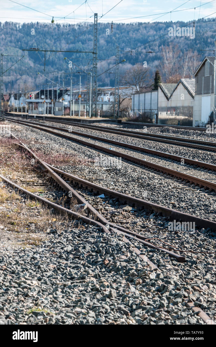 Rails of steel for trains for transport and traveling Stock Photo