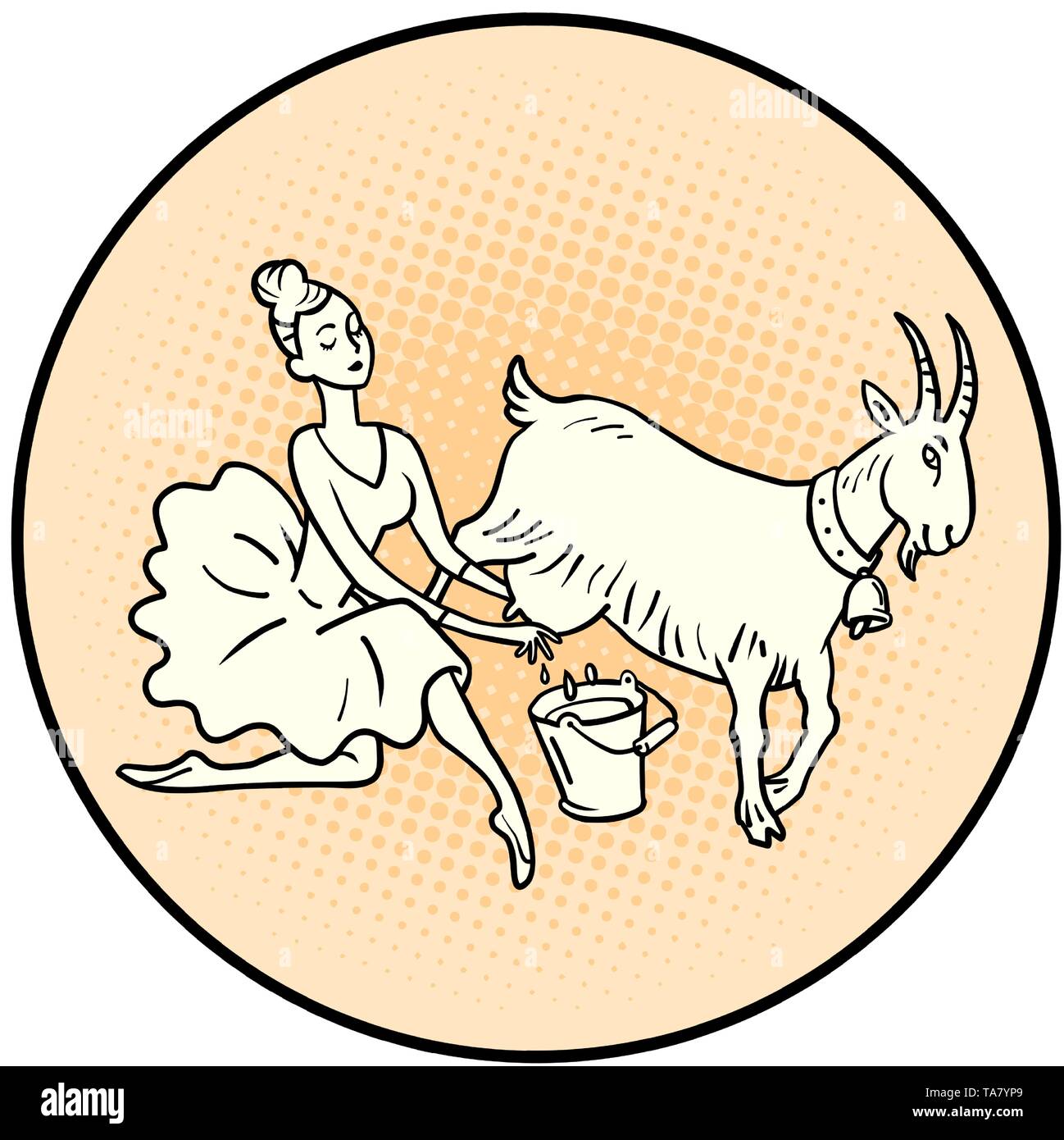 Ballerina milking a goat. Farm animals. Comic cartoon pop art retro illustration drawing Stock Vector