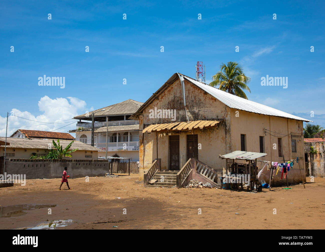 Old french colonial building in the UNESCO world heritage area, Sud-Comoé, Grand-Bassam, Ivory Coast Stock Photo