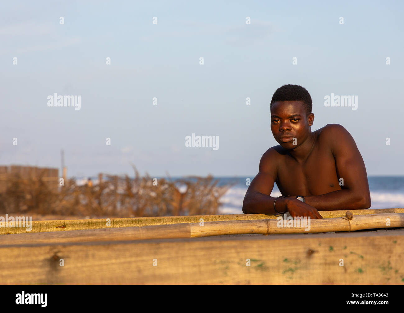 African fisherman in N’zima village, Sud-Comoé, Grand-Bassam, Ivory Coast Stock Photo