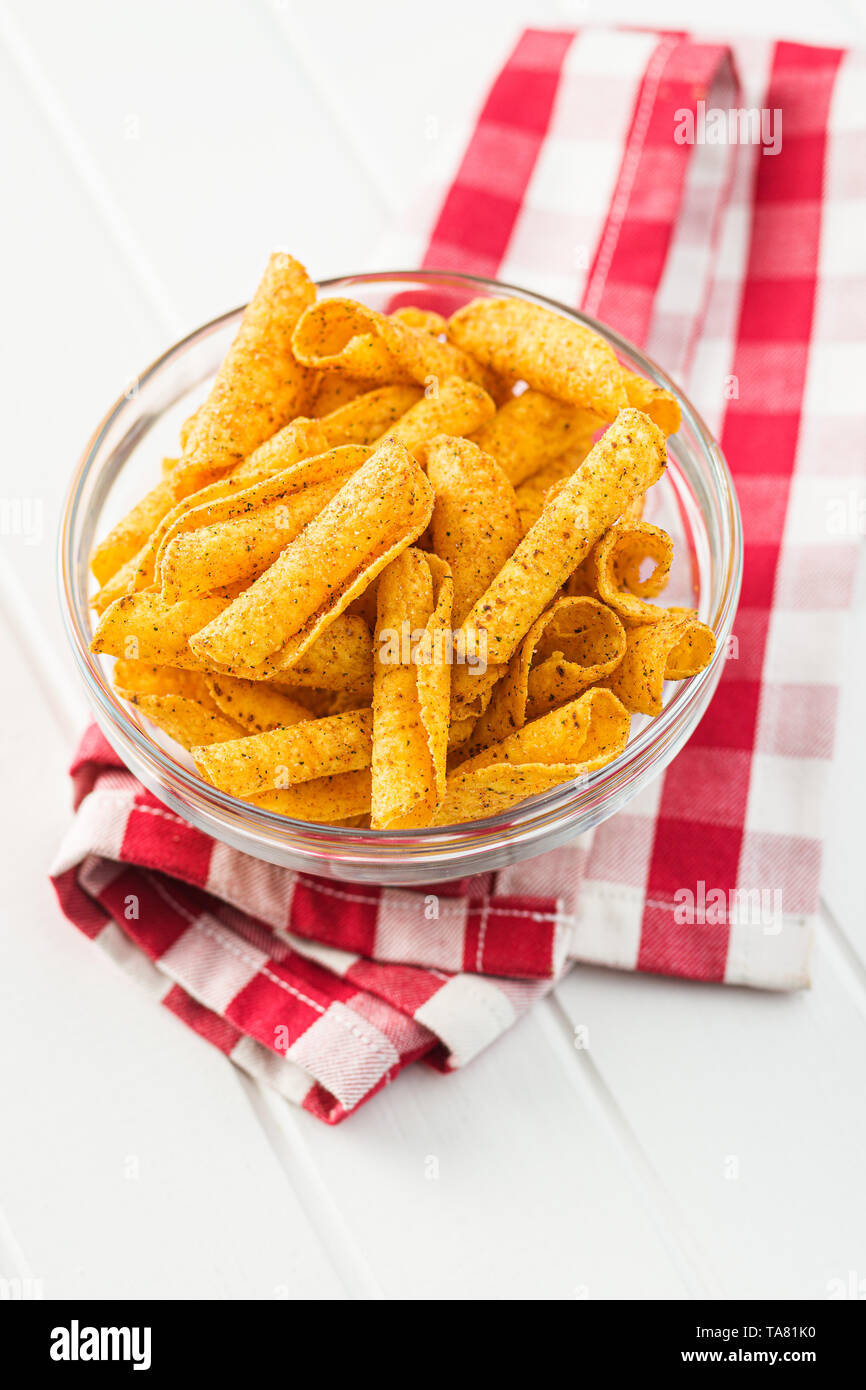 Rolled tortilla chips in bowl. Stock Photo
