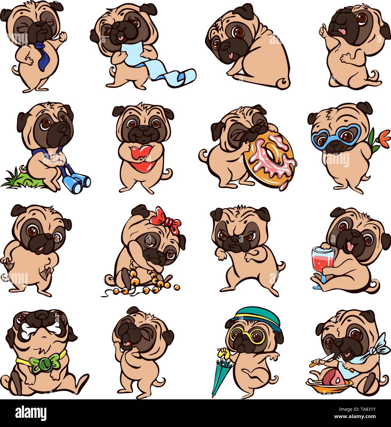 Pug icons set. Cartoon set of pug vector icons for web design Stock ...
