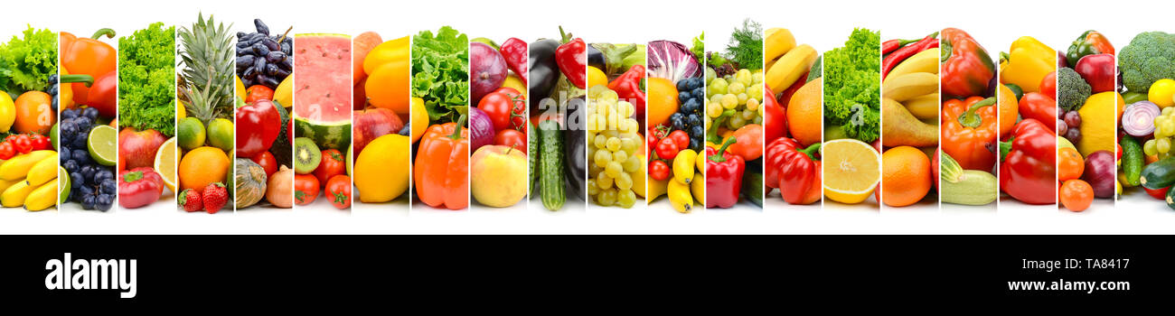 Panoramic photo vegetables and fruits in frame of vertical stripes isolated on white background. Stock Photo