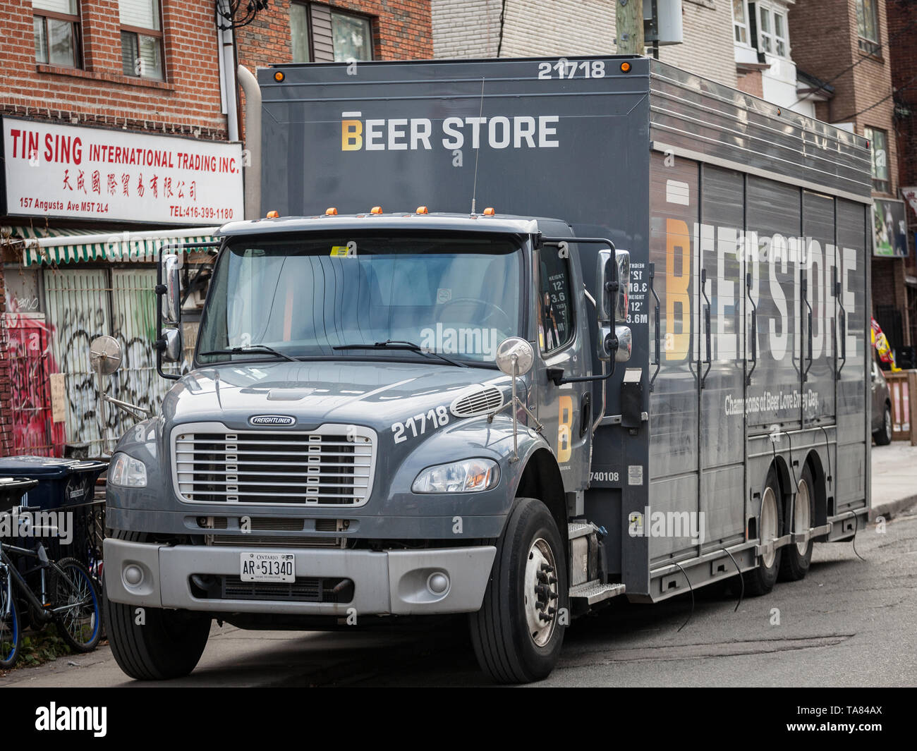 TORONTO, CANADA - NOVEMBER 13, 2018: Beer store logo on one of their delivery trucks in downtown Toronto, ONtario. Beer store is a chain of alcohol re Stock Photo