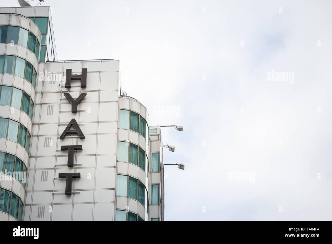 TORONTO, CANADA - NOVEMBER 14, 2018: Hyatt logo on their main hotel in downtown Toronto, Ontario Hyatt Hotels Corporation is a worldwide brand, owner  Stock Photo