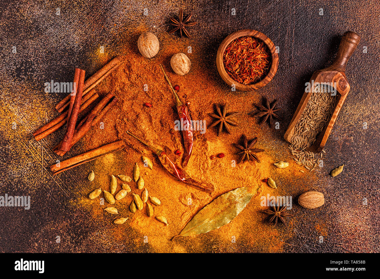 Spices ingredients for cooking. Spices concept. Top view. Stock Photo