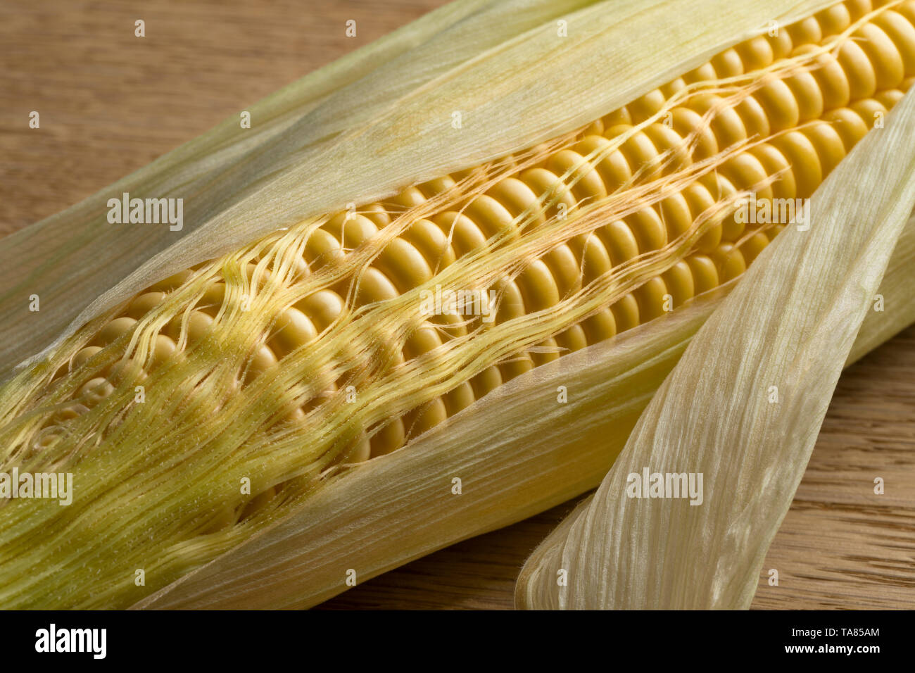 Corn on the cob and corn silk close up Stock Photo