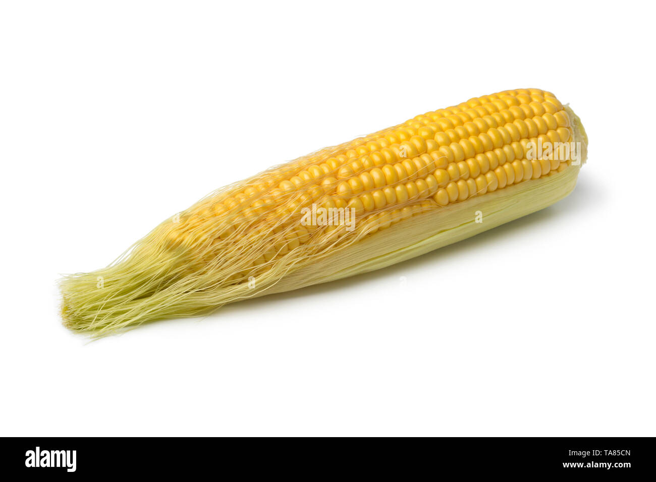 Corn on the cob and corn silk isolated on white background Stock Photo