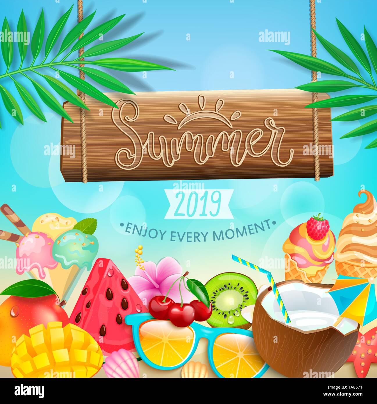 Summer 2019 greeting card on tropical background. Stock Vector