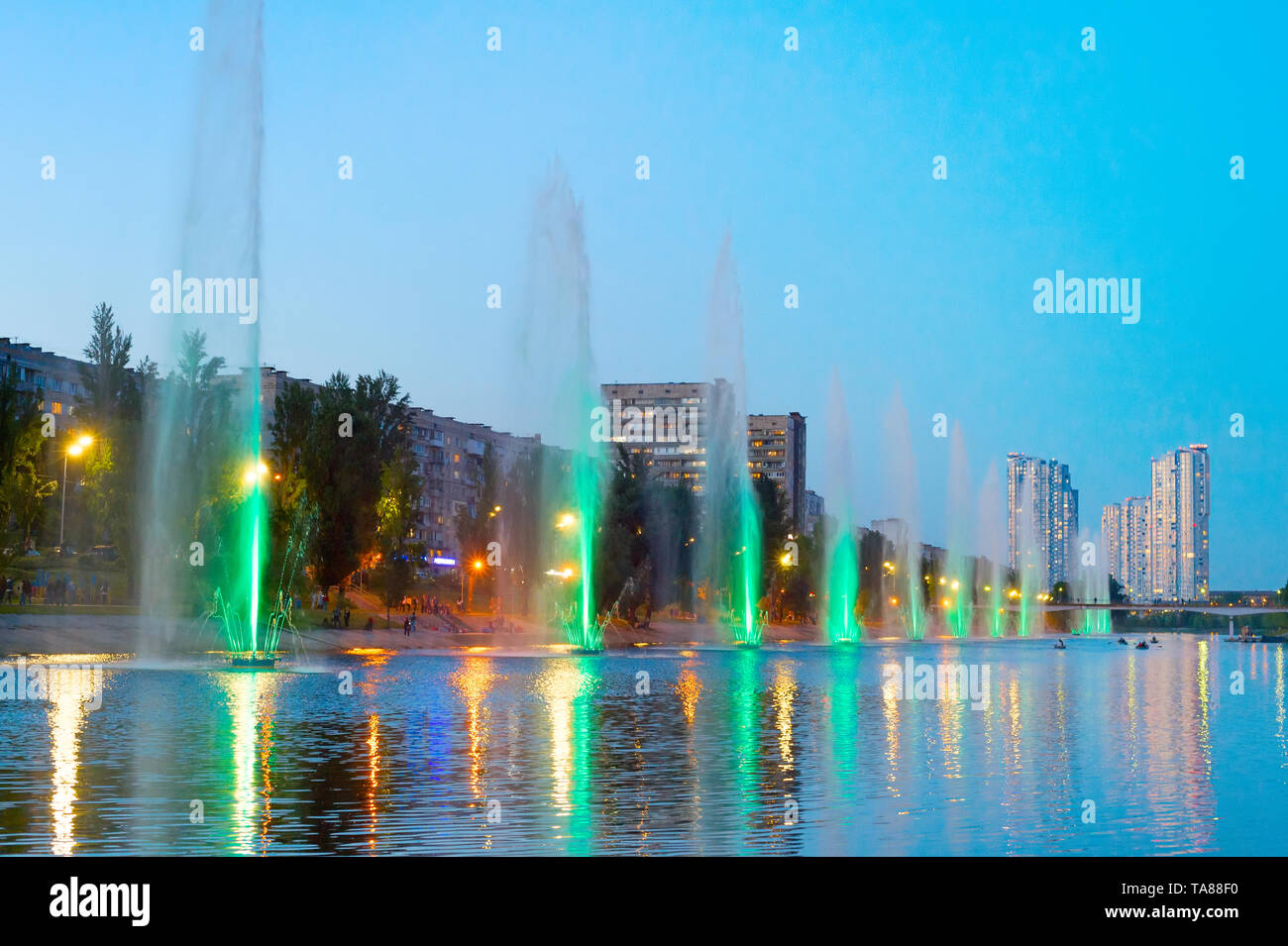 Fountains music light show on Rusanovka channel in Kiev, Ukraine Stock Photo