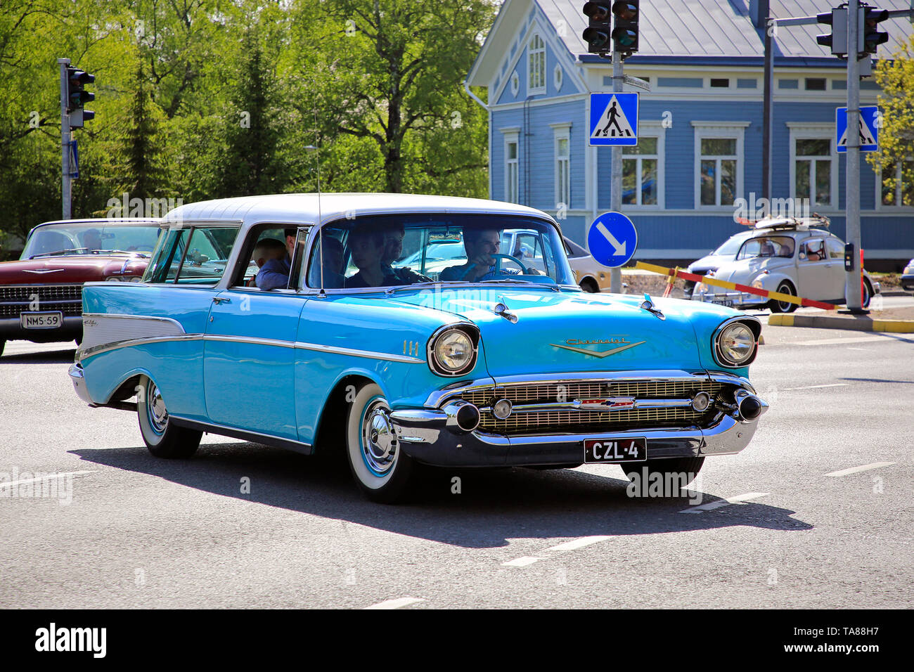 Salo, Finland. May 18, 2019. Turquoise Classic Chevrolet among ca 450 vintage cars gathering to Salo market square for Salon Maisema Cruising 2019. Stock Photo