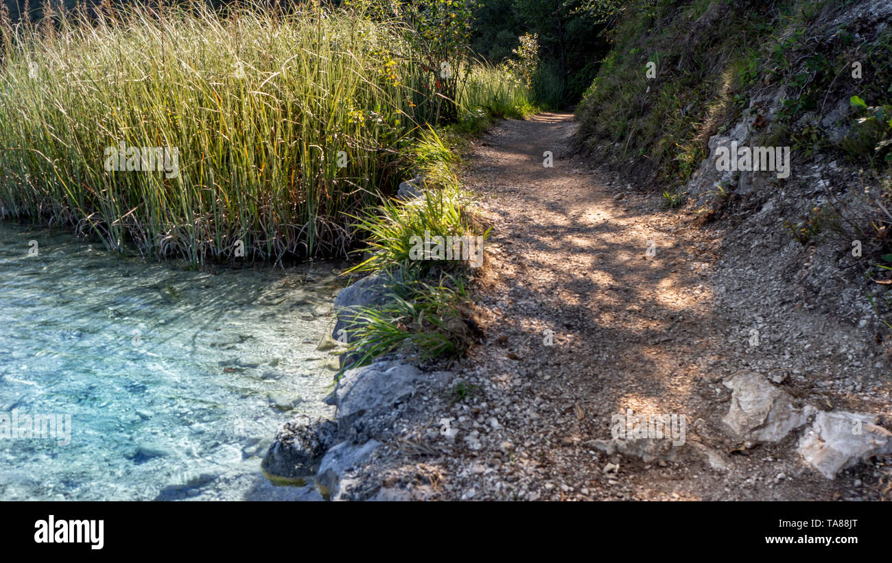 Empty Path next to the coast with clear and turquoise water in a lake within the Plitvice National Park in Croatia Stock Photo