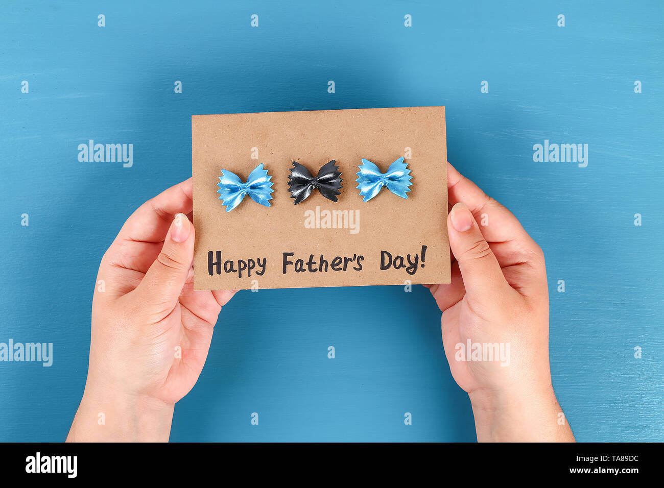 7 Diy Greeting Card Father S Dad Day From Pasta Form Bow Tie Blue Background Gift Idea Decor Father Day Daddy Step By Step Top View Process Kid Stock Photo Alamy