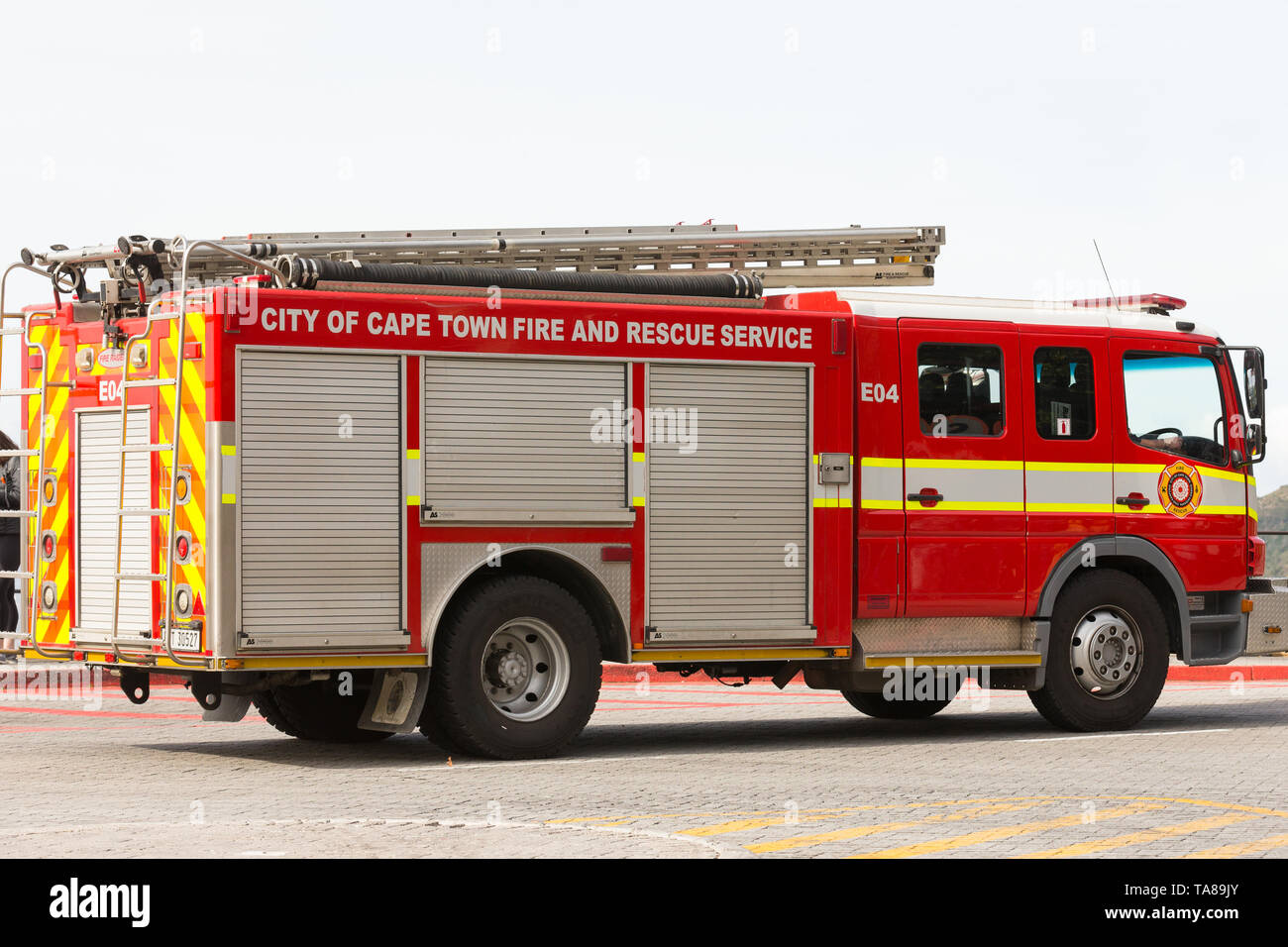 City of Cape Town fire and rescue service truck or engine in the street patrolling the area around Table Mountain National Park Cape Town South Africa Stock Photo