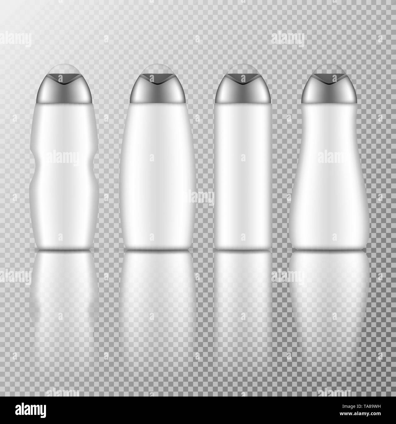 Colorful bottles for cosmetics. Vector set of different shapes with reflection on transparent background. Stock Vector