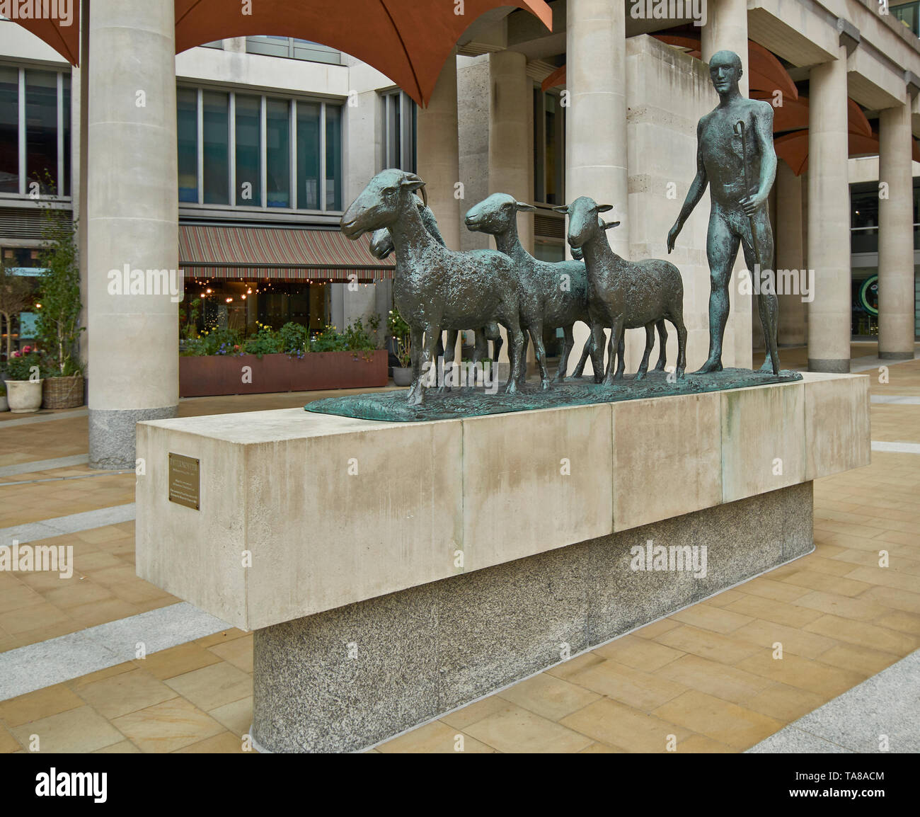 PATERNOSTER OR SHEPHERD AND HIS SHEEP SCULPTURE BY ELISABETH FRINK IN PATERNOSTER SQUARE LONDON Stock Photo