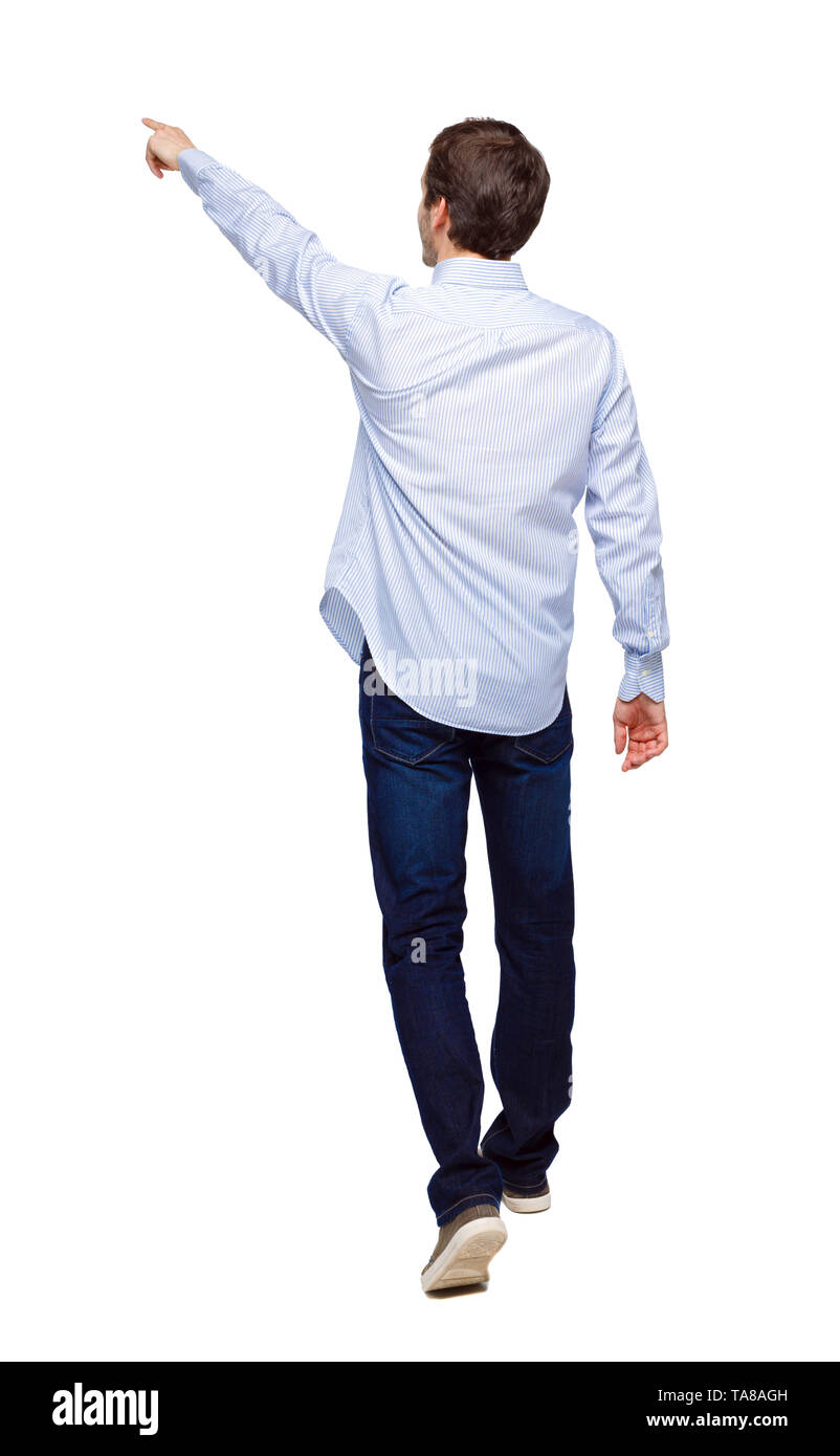 Back view of a man walking with a pointing hand. going guy showing.  backside view of person. Rear view people collection. Isolated over white  backgr Stock Photo - Alamy