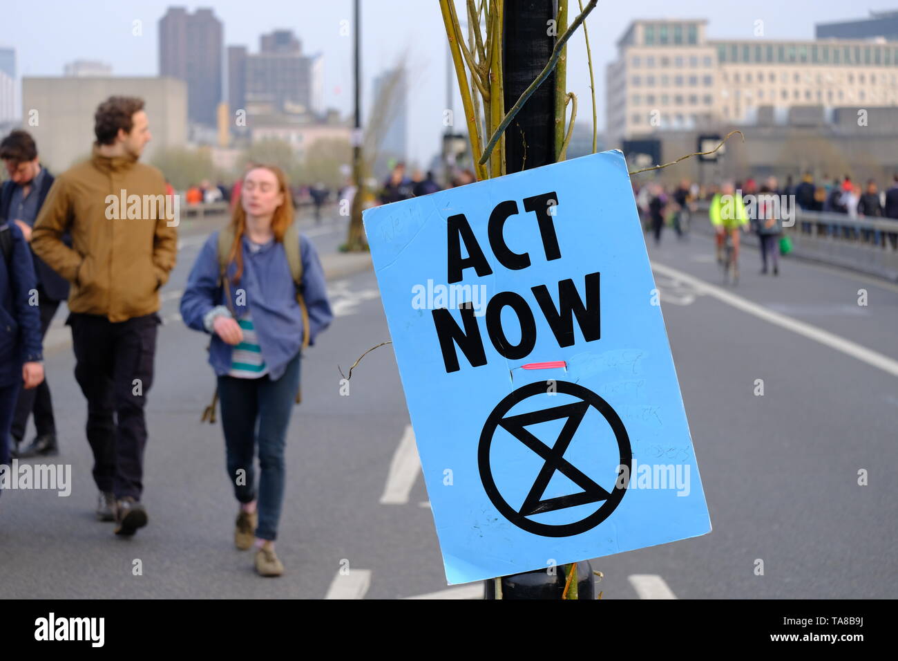 Extinction Rebellion blue sign tied onto lamp post urging readers to 'act now'. Stock Photo
