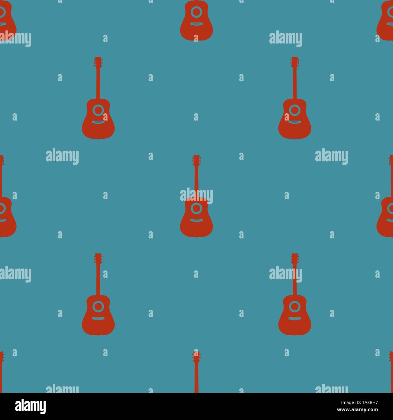 Colored seamless pattern with guitars on a blue background, vector illustration Stock Vector