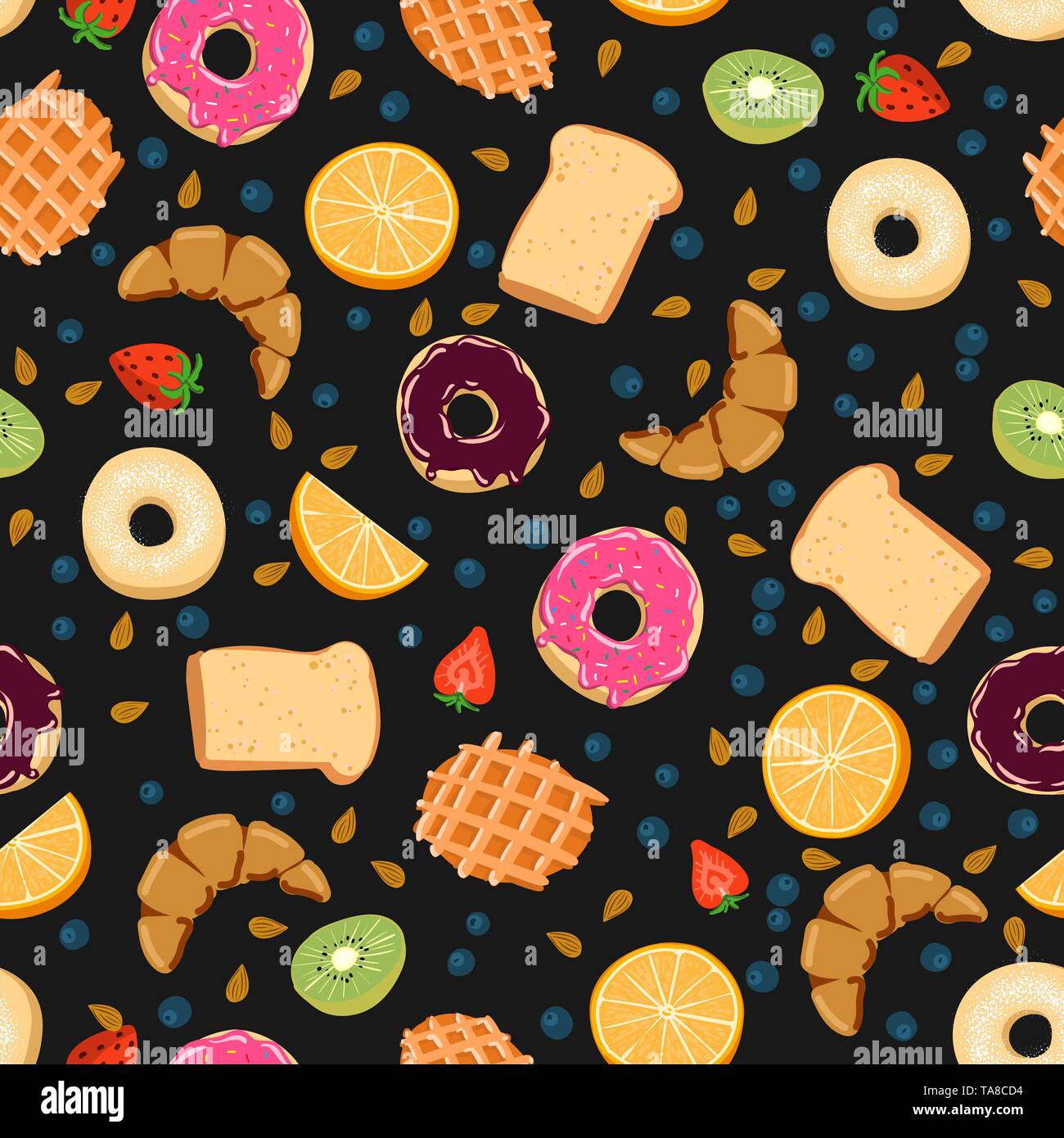 Seamless vector pattern with kawaii breakfast things on black background, perfect for wrapping paper, backgrounds, etc. Stock Vector