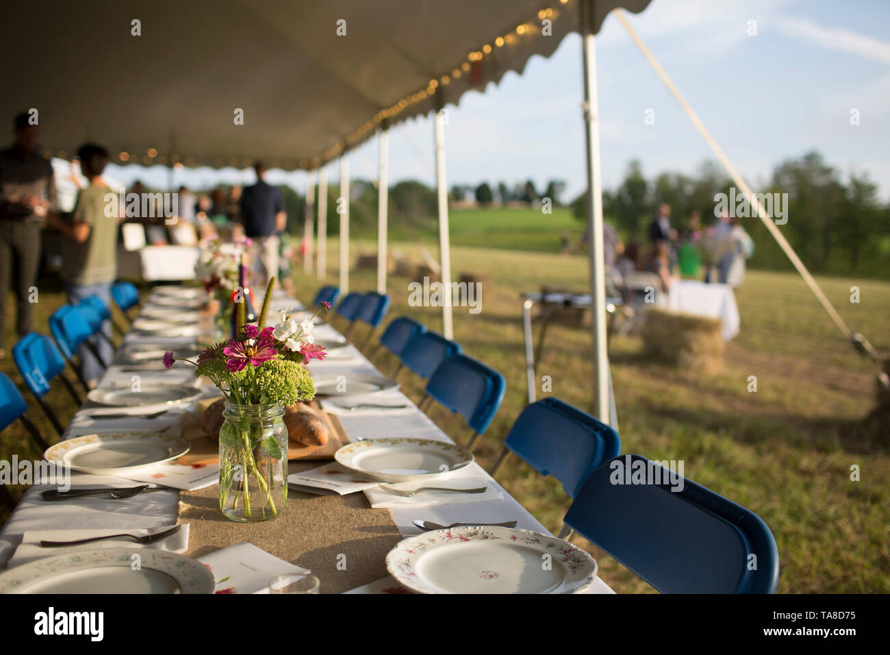 Group of People at Outdoor Dinner Party Under Large Tent with Tables set with Wine, Bread and Blue Chairs Stock Photo