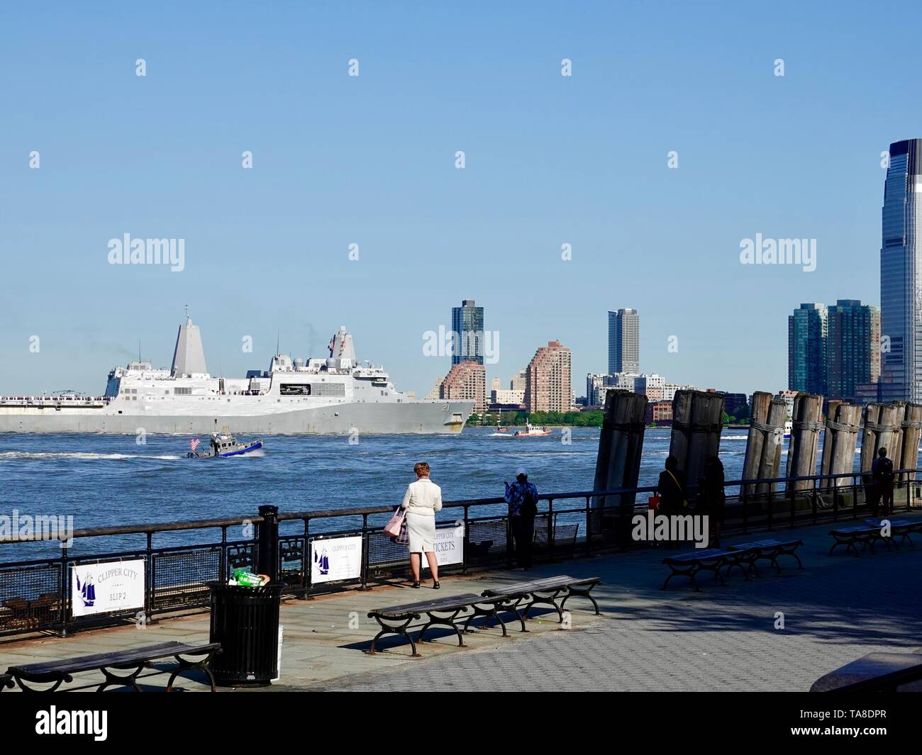 USS New York, United States Navy war ship, sailing from New York Harbor into the Hudson River, Fleet Week, New York, NY, USA Stock Photo