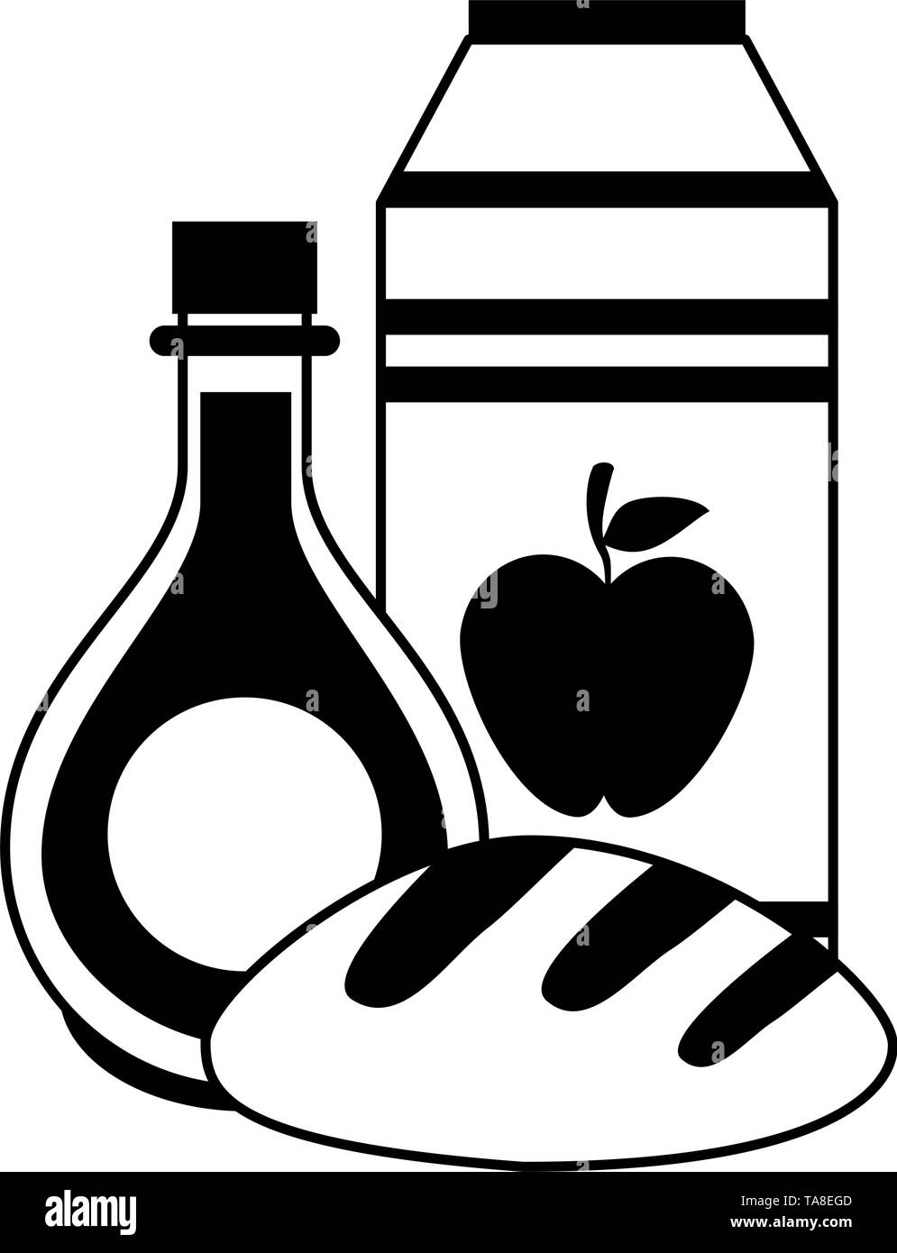 Apple juice box and bread with orange juice in black and white Stock