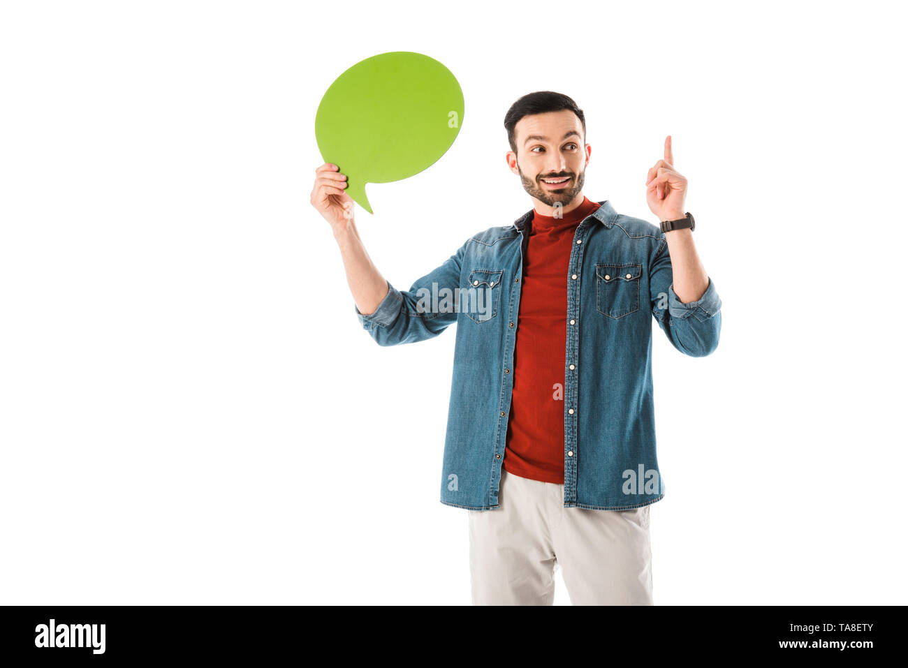 smiling man with thought bubble showing idea sign and looking away isolated on white Stock Photo