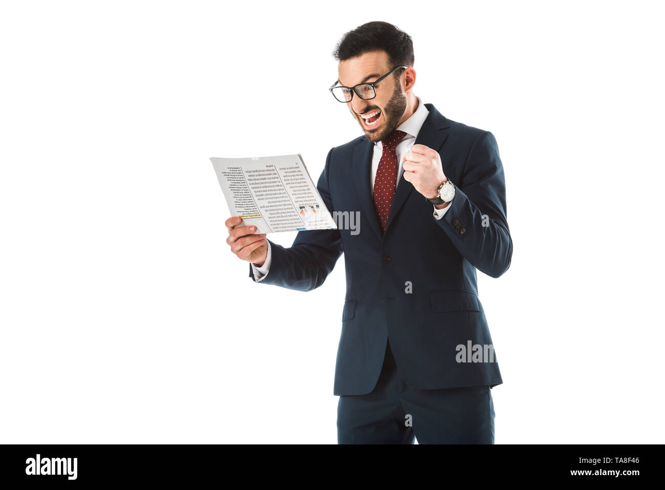 angry businessman reading newspaper and showing fist isolated on white ...