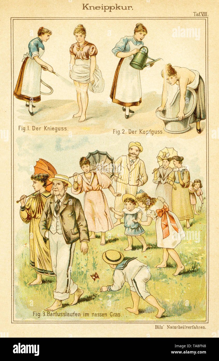 Kneipp cure water therapy,  barefoot walking in the wet grass. From a naturopathic textbook of the 19th century. ,  (naturopathy book, 1900) Stock Photo