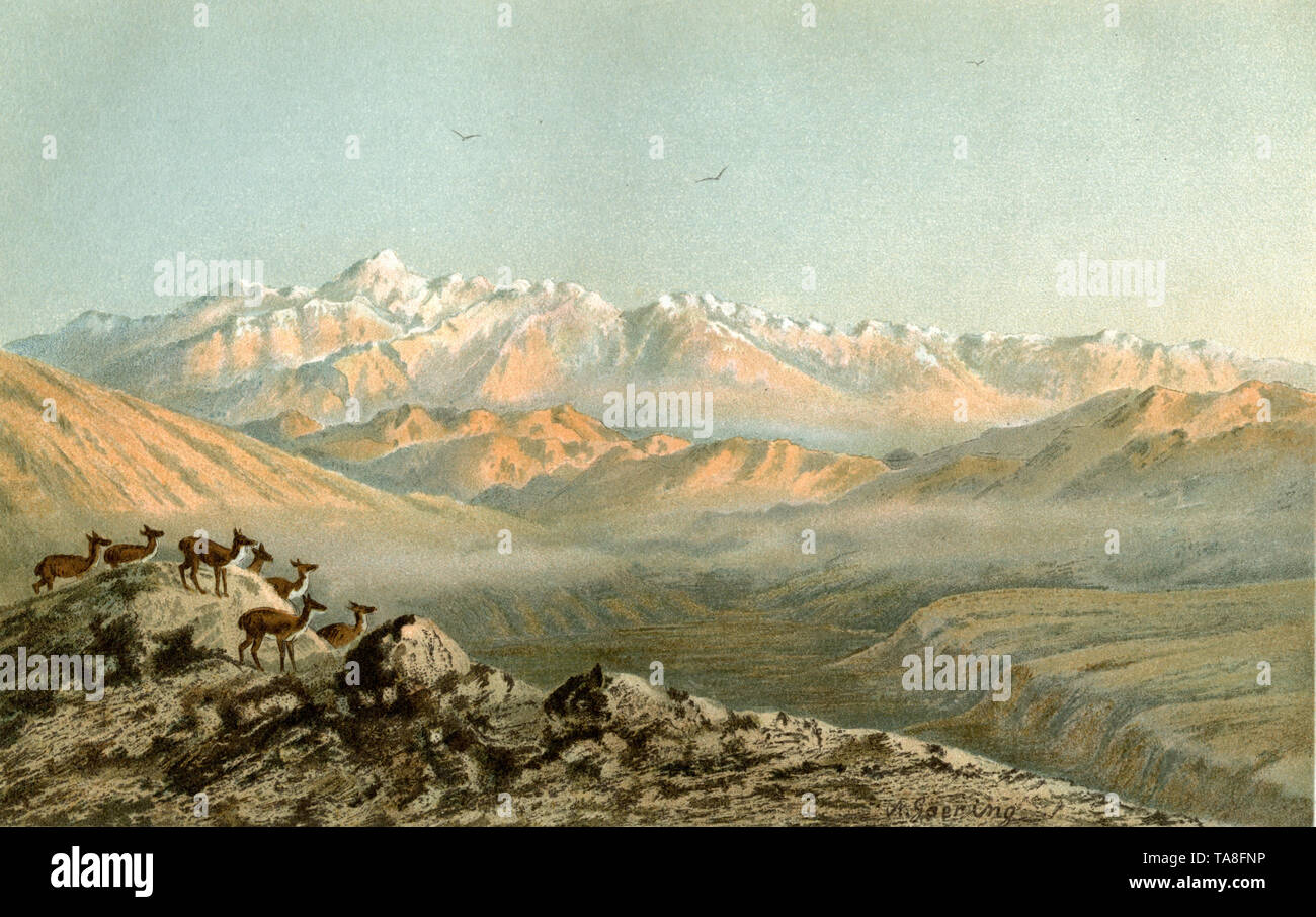 Aconcagua chain with the eastern foothills , A Goering (geography book, 1900) Stock Photo